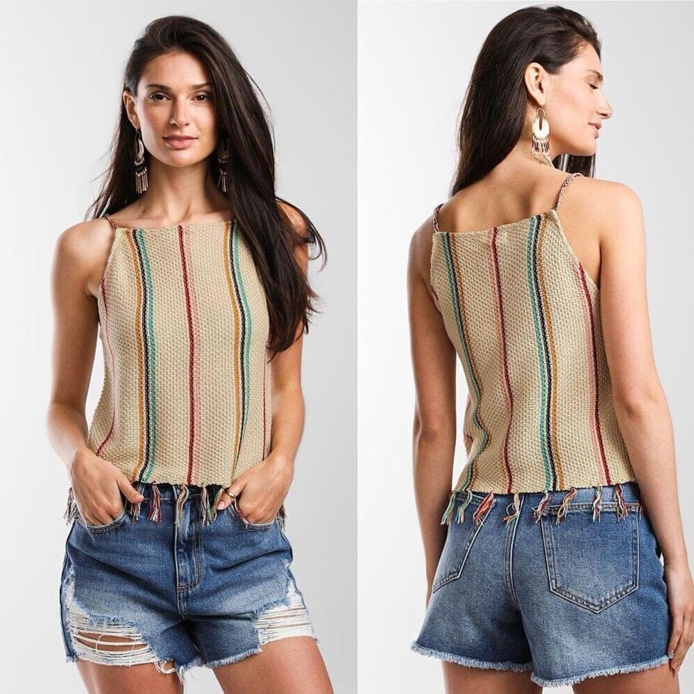 COCO + JAIMESON Striped Fringe Tank Top Large